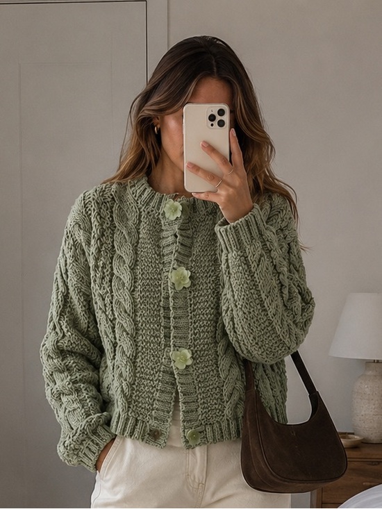 Sweaters - Greige Cozy Cable Knit Cropped Cardigan Floral Button Sage Green Size M